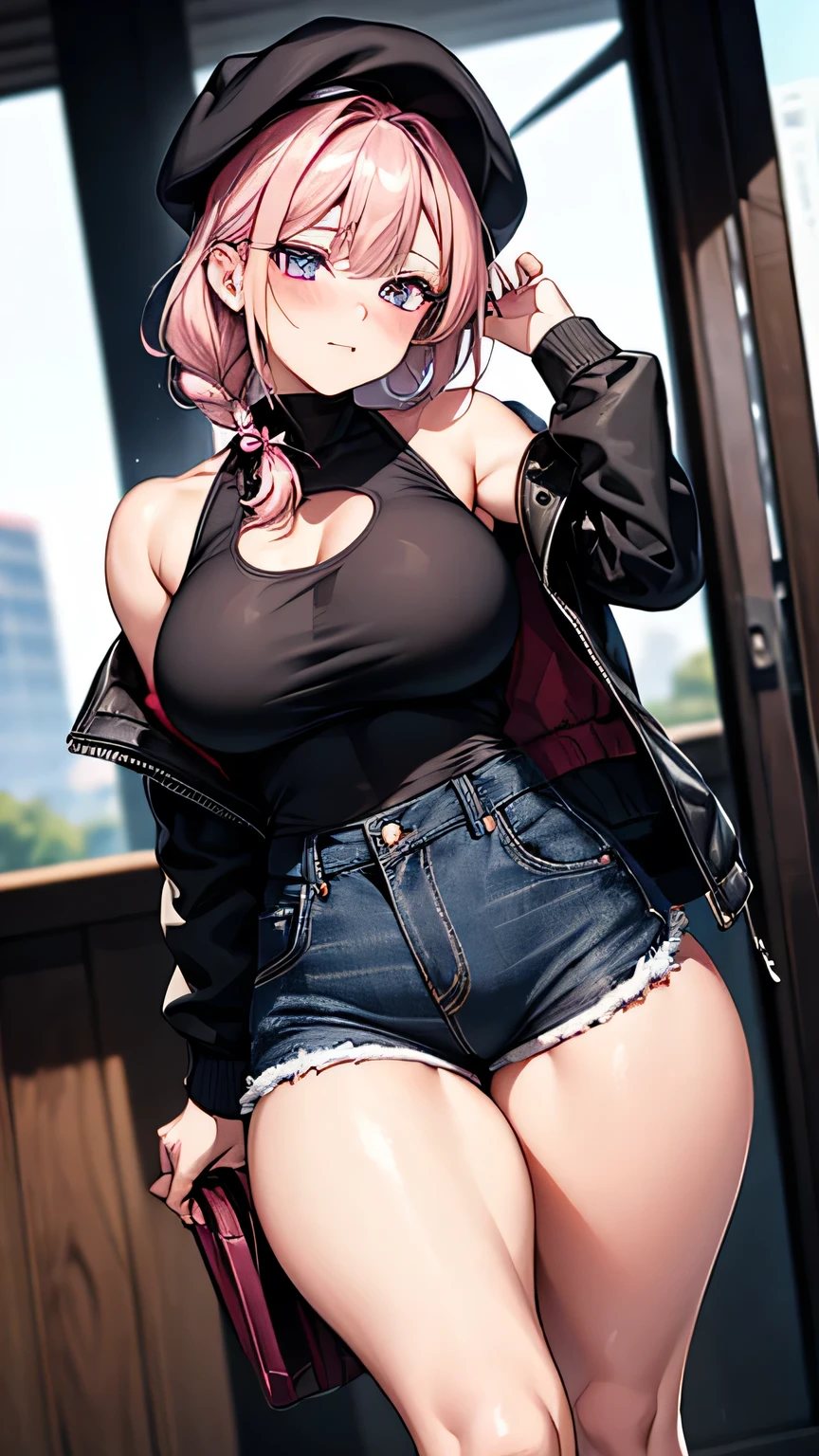 [nakano ichika, pink hair, short hair, cardigan around waist], 1girl, anime girl, anime, girl, 2d girl, 16y, (fullbody), blue eyes, seductive smile, blush, cleavage, Solo, Slim, Big breasts, large Breasts, sfw, cowboy shot, Tight Shorts, low waist shorts, upshorts, outdoors, night background, looking at viewer, darker shadows, (((shorts))), (((thigh gap))), (((lowleg shorts))),