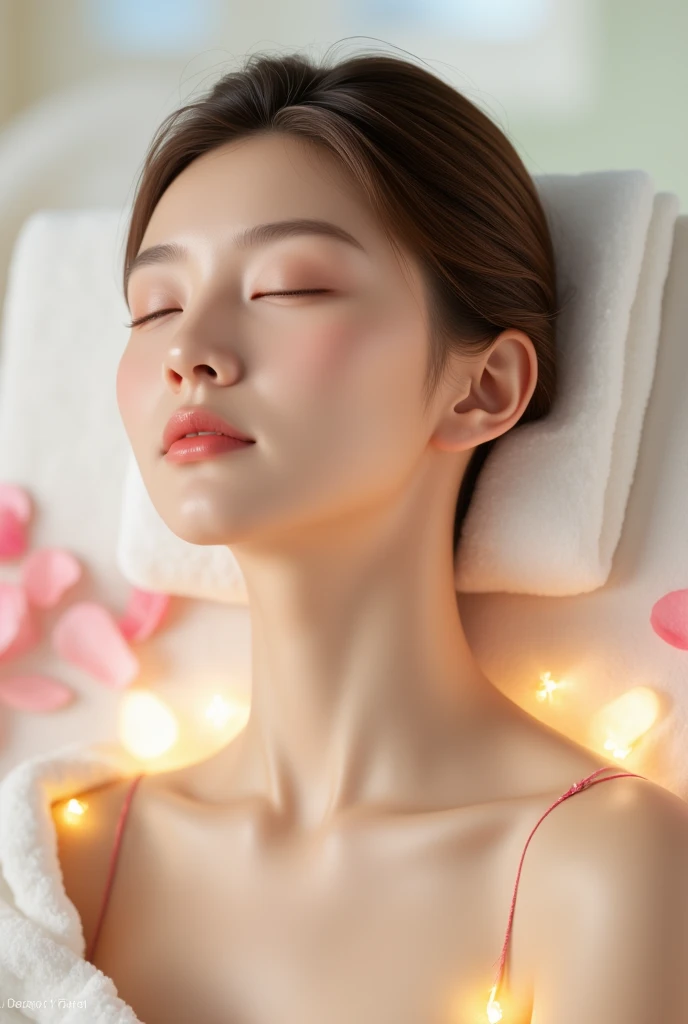 A serene, spa-like portrait of a young woman with glowing, radiant skin, surrounded by soft lighting and a calming background. The scene includes subtle elements of a luxurious spa, such as soft white towels, delicate flower petals, and a soothing light palette of pastel tones. Her hair is neatly styled, and her expression exudes relaxation and calmness. The overall atmosphere is tranquil and indulgent, perfect for a high-end beauty spa advertisement.