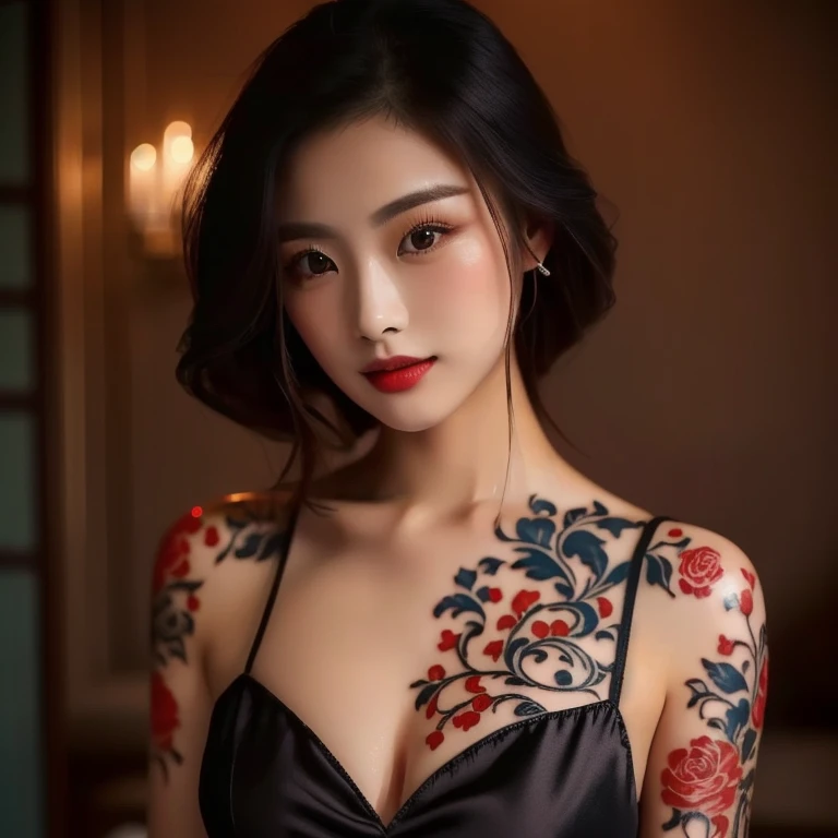 Anime-style woman, thin, thin, whole body, Full of tattoos, Lots of earrings, Beautiful and shiny hair, Rainbow Eyes, Slanted Eyes, Wavy Hair, Kind and charming, shoulderを露出させる, Delicate and sexy collarbone, Attractive oval face, double eyelid, Pink Lips, Small Nose, Concentrated face, Ultra-high resolution, Very detailed, Graceful posture, Nice, ultra-thin, See through, Maroon color,Ise-style Inden pattern solo mesh tight dress,(arm、shoulder、Tribal tattoo pattern body paint on chest),Glowing Skin, Realistic Background, sunlight,(From below:1.3),(Look down, Display in viewer:1.3)