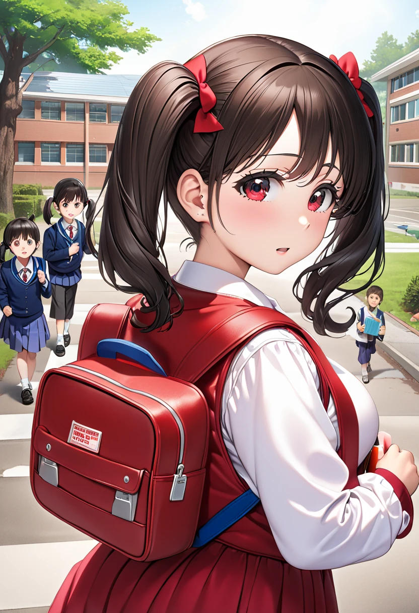 masterpiece, (((Lori,  elementary school students,  red backpack))), (( black hair,  twin tails)), Busty, Big Ass, Bimbo