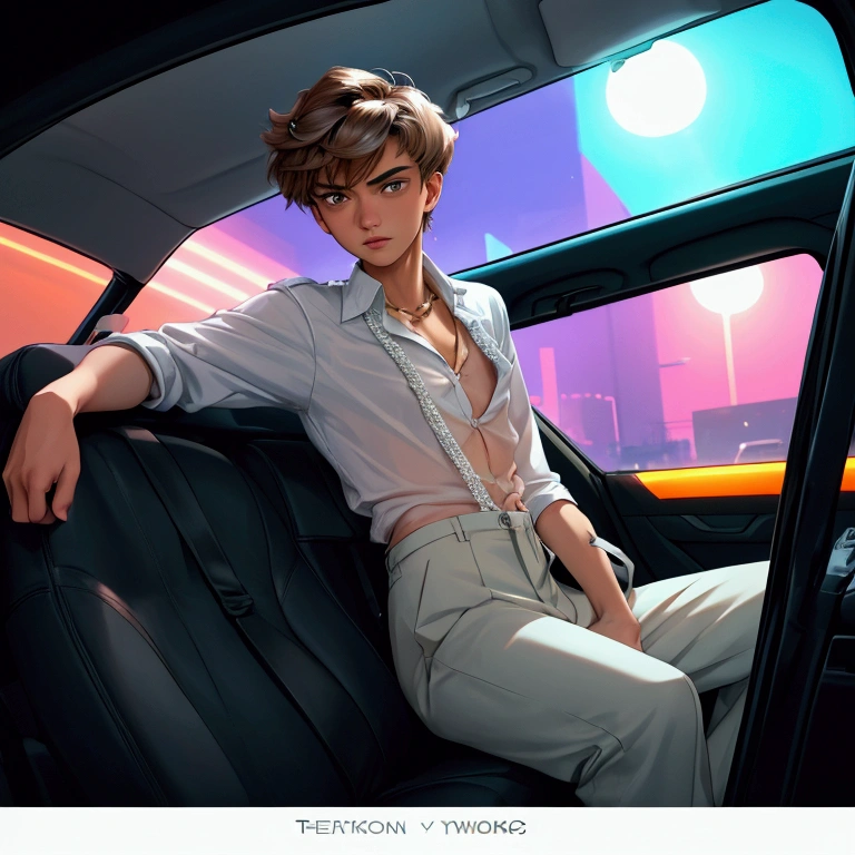 boy twink , age 16, sits inside the car . late evening ,  outside the car window by the neon lights of the nightclub. CRASH An elderly respectable man is sitting behind the wheel of a car, next to a young man .  A man hugs a young man ,  and unfastens his pants fly 