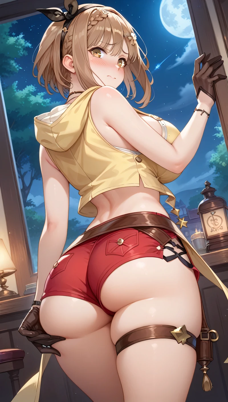 high resolution, (alchemy), girl victory, Liza's room,      Atelier Ryza     , ( embarrassed expression), the girl is young,  the girl has big breasts, (very thin waist), big butt, thighs, Thin arms、slender body, (the girl is cute), brown hair, straight short Hair, (Lizarin =Stout ),  yellow sleeveless jacket with hood 、 cleavage、natural shirt with open chest、 choker with star、Leather gloves、 red shorts with buttons off 、  headband with black bow 、 brown leather belt 、belly button、jitome, night, back,  Angle from back, Angle from below, Grab your pants with your hands 、close up hip,  and show them off by sticking her butt in here、 The girl is on her way to take off her pants 、show off pants, The girl is in the middle of changing clothes、