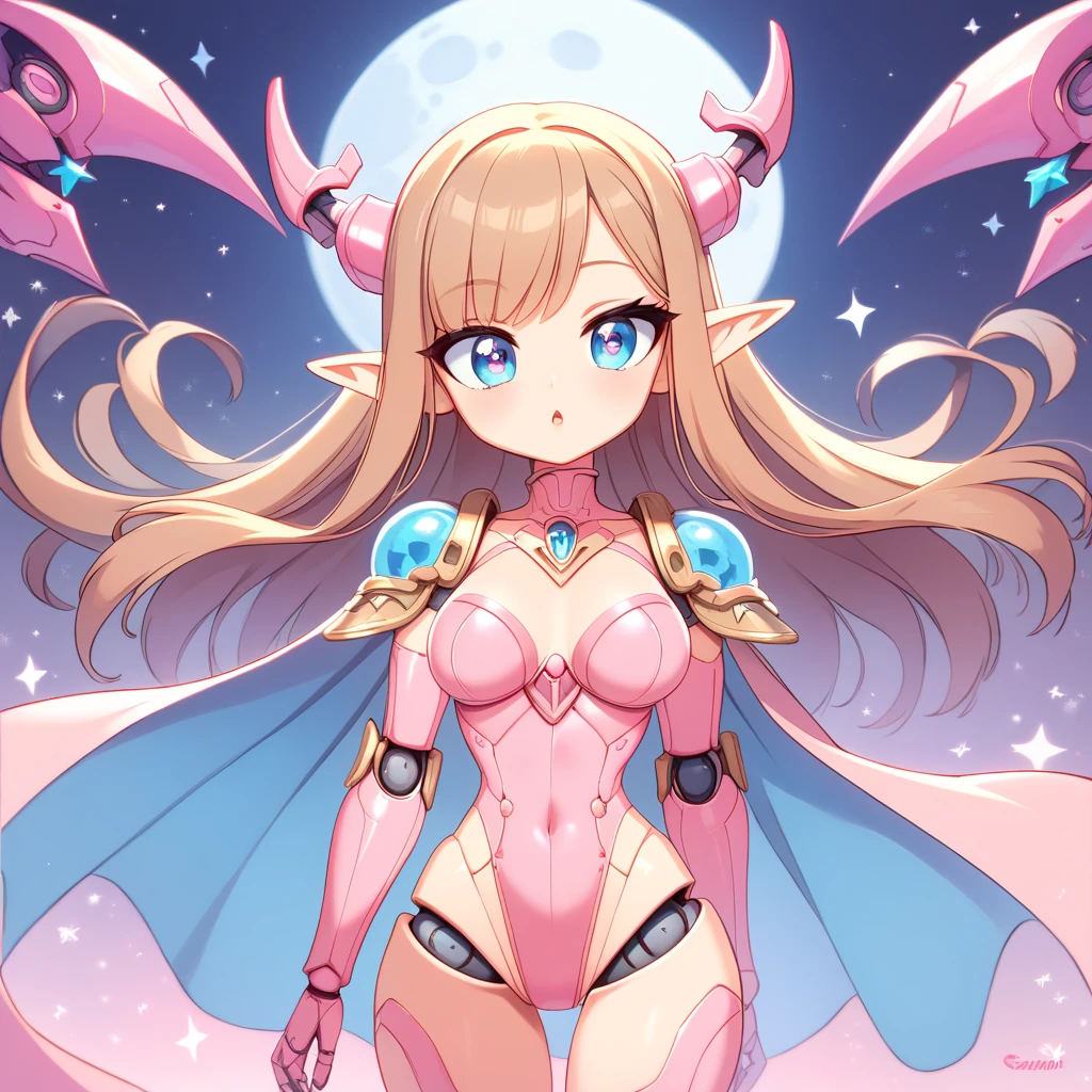 score_9, score_8_up, score_7_up, ((Masterpiece)), ((highres)), (1girl), a detailed cyborg girl, long brown hair, cybernetic waist cape, beautiful anime eyes, pink cyborg armor, cyberntic horns, ((cybirg joints)), defined elf ears, defined eyes, blue iris, long eye lashes, defined nose, curvy, wide hips, breasts, slim waist, hands to the sides oif her, ((pastel moon background))), cowboy shot