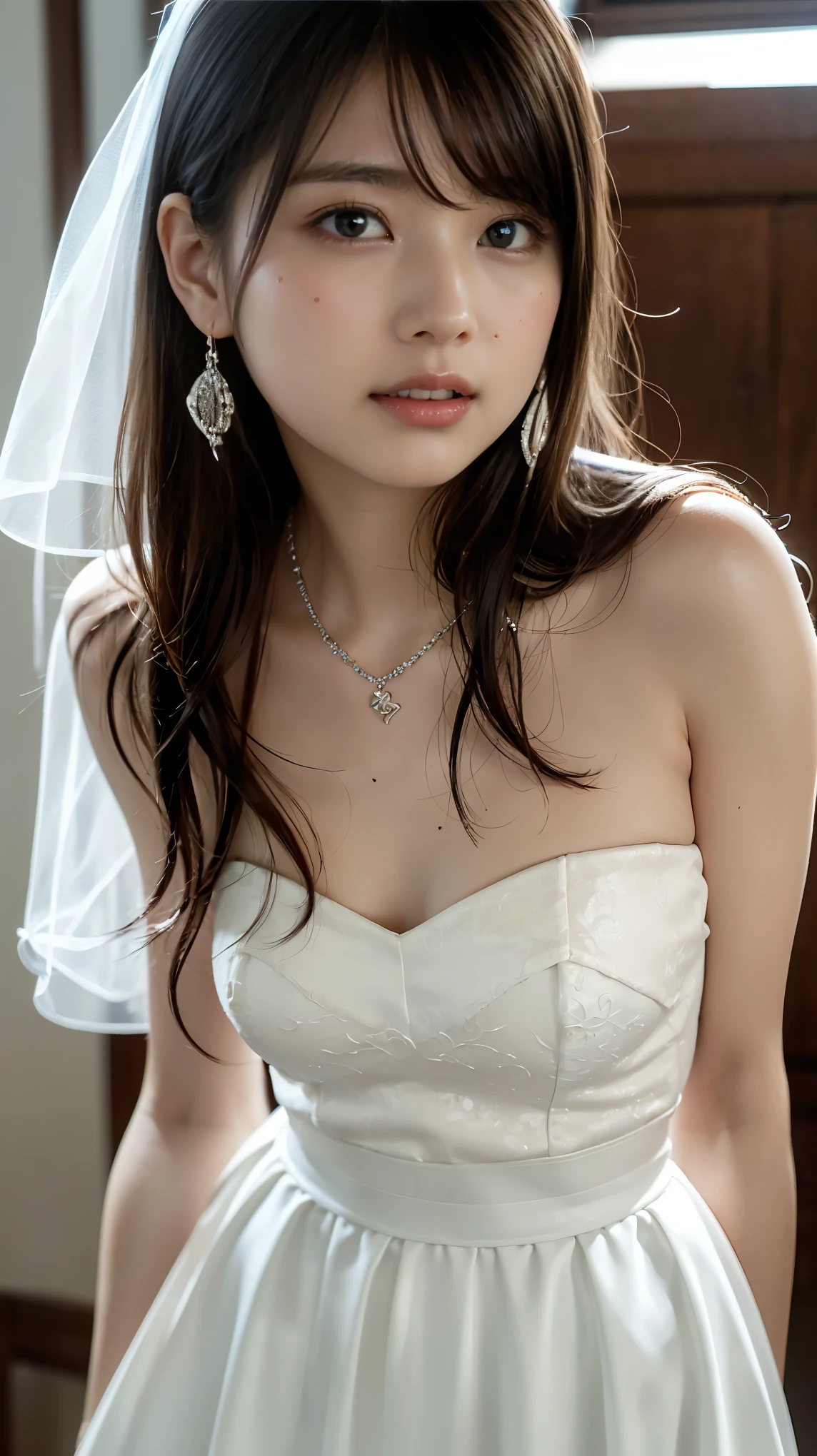 (((Pixel Perfect, Perfect detail))), alone, 1 girl, Close-up of a beautiful bride in a beautiful wedding dress,Gurwitz, (Bridal Veil:1.5),(transparent short veil:1.5),blush,eye shadow,Blushing,Flower head,(Tube Top Wedding Dresses:1.5),(Silk dress:1.2),(Strapless Wedding Dress:1.5),Pure white dress,necklace,Earrings, Medium chest:1.3),bangs,lipstick,(White long elbow gloves:1.4),Full Body Shot,High definition RAW color art,White long skirt,There is only one track in the whole body., 18-year-old, (Long twin tails:1.5),(Double Bang:1.5), Black Hair