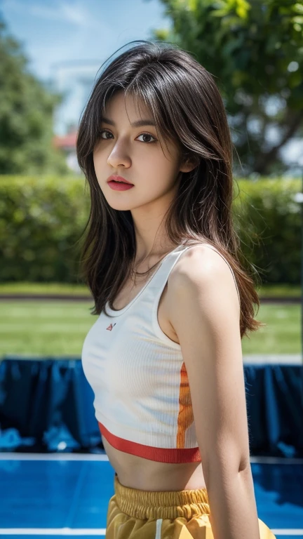 ((Highest quality, 8k, masterpiece: 1.3)), sharp: 1.2, Perfect Body Beauty: 1.6, ((Layered Hairstyles, Small breasts: 1.5)), (blue sky: 2.0), (T-Shirts: 2.0), ((long hair: 2.0)), ((necklace)), Earrings, ring, Bracelet, Hair Accessories, ((Beautiful young teenager woman)), ((Straight nose)), (Eyeliner), Armpit Hair, Bristles, ((White and beautiful skin)), Wavy Hair, Beautiful attention to detail, Super detailed, Highly detailed face and skin texture, fine grain, double eyelid, Black Hair, Big Ass, Lower Body, Thighs, (((Skinny))), Wet and shiny lips, (smile: 0.5), Get a grip on your body, ((Anatomically correct human body)), ((Crisp body shape)), Ribs, clavicle, Protruding skeleton, A face without nasolabial folds, Shyness, Thin eyebrows, Big eyes, (shoot from side: 1.0), (Narrow shoulders: 2.0), (Serious face: 1.0), Corset-like dress, White skin, Closed Mouth, (In pants: 2.0)