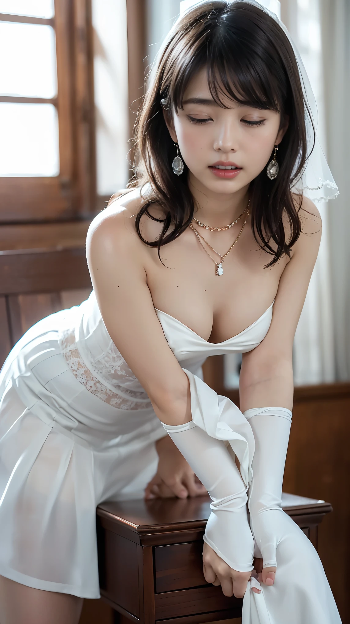 best quality, masterpiece, (photorealistic:1.4), 1girl, cowboy shot, luxury elegant bare shoulder deep v wedding dress, dramatic lighting, hair over shoulders, white gloves, v arms, luxury hall background, night, japanese face, braid hair,small breast