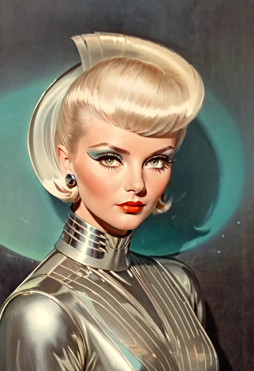 retro futuristic, ((retro futurism)), (( science fiction )), 1950s, (((1960s))), 1970s, (Platinum-plated blonde woman with medium alien hair),