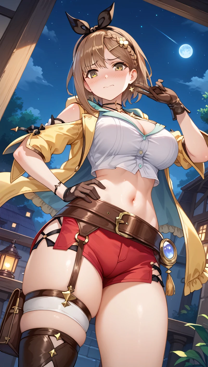 high resolution, (alchemy), girl victory, Liza's room,      Atelier Ryza     , ( embarrassed expression), the girl is young,  the girl has big breasts, (very thin waist), big butt, thighs, Thin arms、slender body, (the girl is cute), brown hair, straight short Hair, (Lizarin =Stout ),  yellow sleeveless jacket with hood 、 cleavage、natural shirt with open chest、 choker with star、Leather gloves、 red shorts with buttons off 、  headband with black bow 、 brown leather belt 、belly button、jitome, night, back,  Angle from back, Angle from below, Grab your pants with your hands 、close up hip,  and show them off by sticking her butt in here、 The girl is on her way to take off her pants 、show off pants, The girl is in the middle of changing clothes、