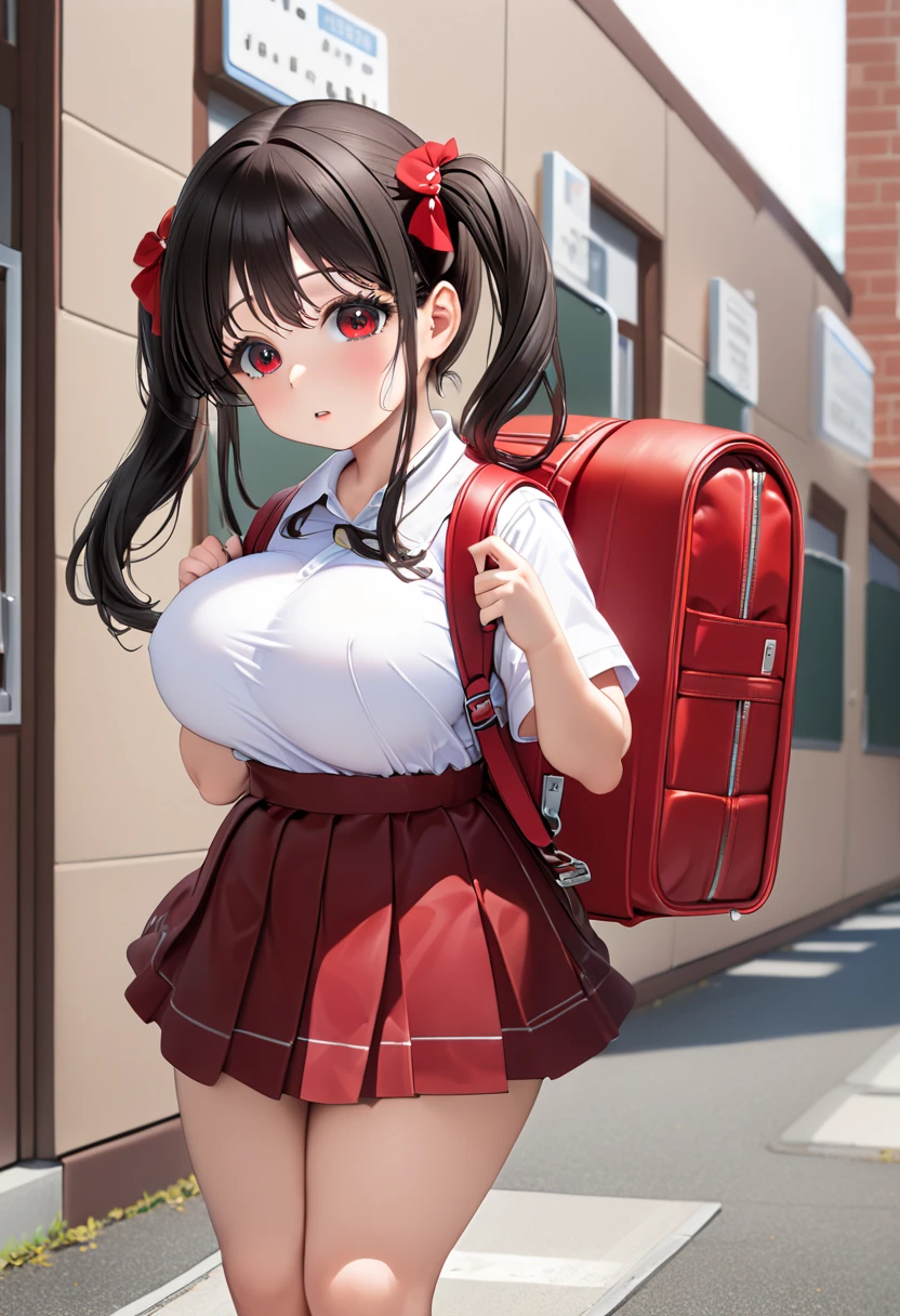 masterpiece, (((Lori,  elementary school students,  red backpack))), (( black hair,  twin tails)), Busty, Big Ass, Bimbo, whole body, School route, Kinky Clothes 