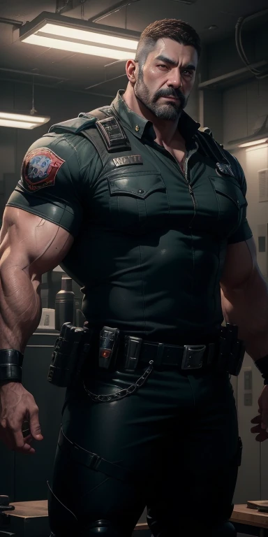 Tall giant Muscular police officer，Deep red network pattern nano mecha，honeycomb pattern，Lightweight texture，character idea（Resident Evil - chris redfield，chris redfield）senior police officer，small grid texture，regular symmetrical texture pattern，sad expression，Deep and charming eyes，Standing in bright mechanical laboratory，Emerald Pupil Hero，Valiant male pose，tall and burly，Muscular！Charming leg muscles，High, burly, Heqiang，  Super gain and cool， high resolution committee， Big feet of dark red ultra-thin nano-mecha boots，Charming strong man，The bright sunshine is shining on you，matte particles，shiny texture