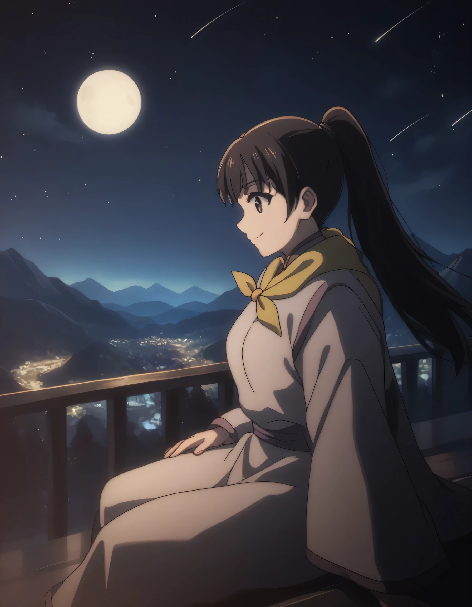 score_9, score_8_up, score_7_up, gsfghtr, multicolored robe, neckerchief, 1girl, bright, best lighting, smile, on top of mountain, city lights at night, moon, shooting stars