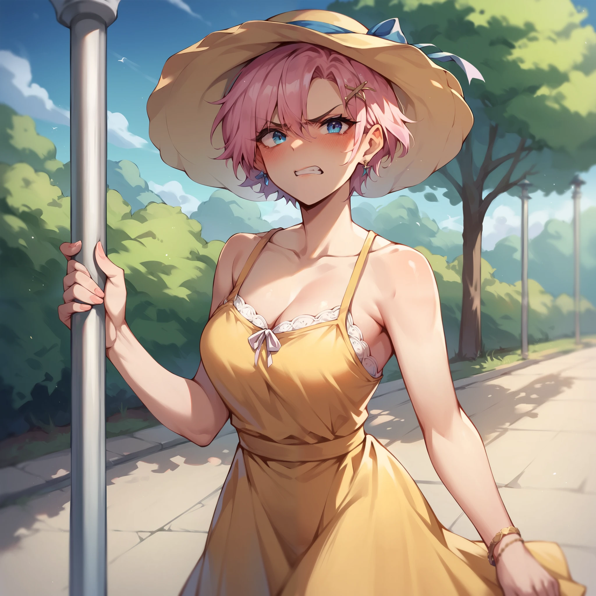 a girl, holding umbrella, Mikita, in the park,
(earrings, yellow dress, hat:1.3) <lora:Mikita:0.8>