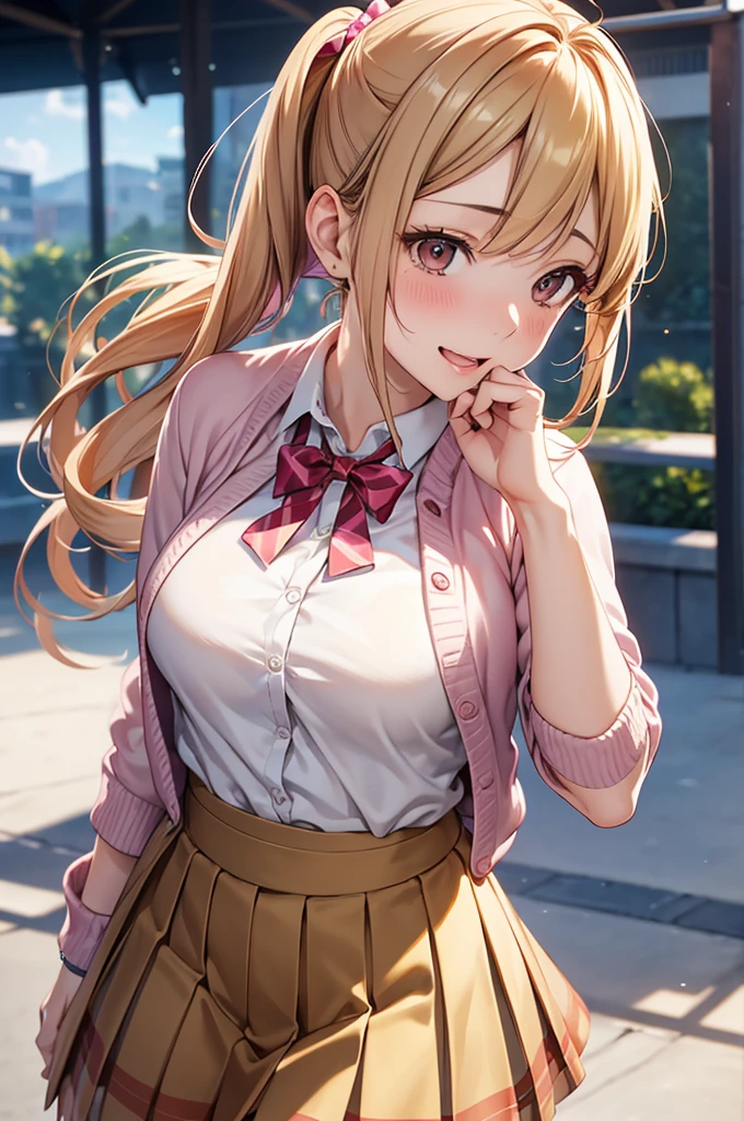  adult woman laughing, Alone,  sexy,8K resolution,(( best quality)), ultra high resolution, ( embarrassed face), ( Brown Eyes ),  beautiful symmetrical face , ( golden ponytail), pink cardigan ,White shirt, uniform skirt,Realistic:1.4,Realistic:1.4,(masterpiece:1.2), perfect eyes,Perfect Eyes, anatomically correct human body ,Perfect waist,Perfect thighs