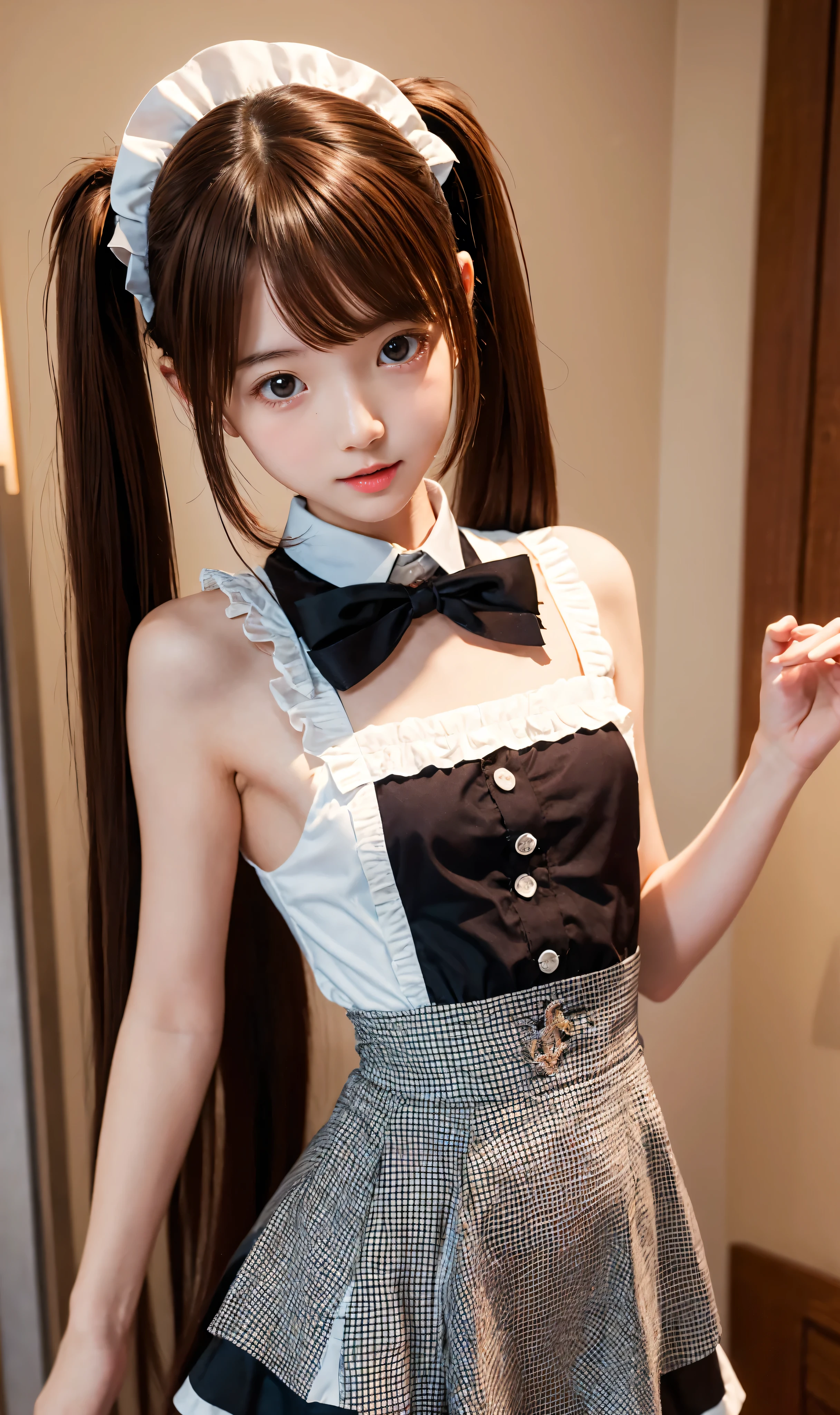 Maid,cute pretty girl,masterpiece,high definition,4k,8k,16k,twin tails,brown hair,slender body,18yo