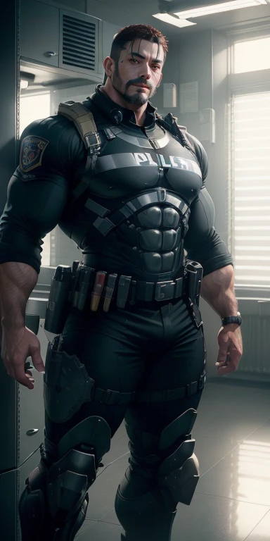 Tall giant Muscular police officer，Deep red network pattern nano mecha，honeycomb pattern，Lightweight texture，character idea（Resident Evil - chris redfield，chris redfield）senior police officer，small grid texture，regular symmetrical texture pattern，sad expression，Deep and charming eyes，Standing in bright mechanical laboratory，Emerald Pupil Hero，Valiant male pose，tall and burly，Muscular！Charming leg muscles，High, burly, Heqiang，  Super gain and cool， high resolution committee， Big feet of dark red ultra-thin nano-mecha boots，Charming strong man，The bright sunshine is shining on you，matte particles，shiny texture