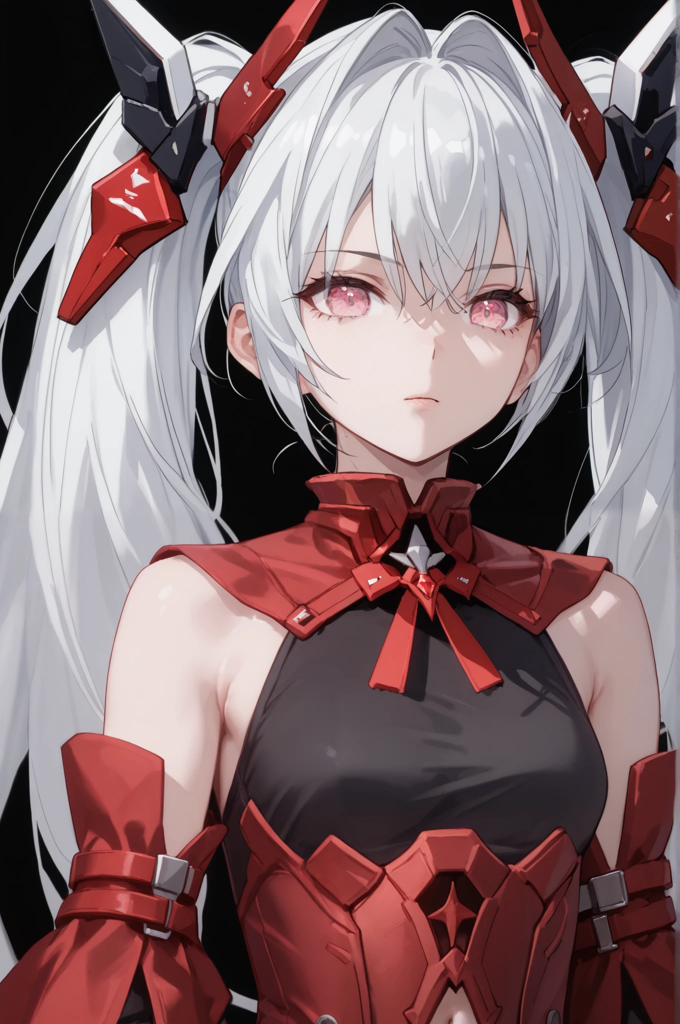 masterpiece, 1girl, anime, Oblivion, pink eyes, white hair, long hair, twintails, headgear, Oblivion clothes, navel visible through clothes, black bodysuit, upper body, innexpressive, black background, simple background, score_9, score_8_up, score_7_up, unaestheticXL_Sky3.1