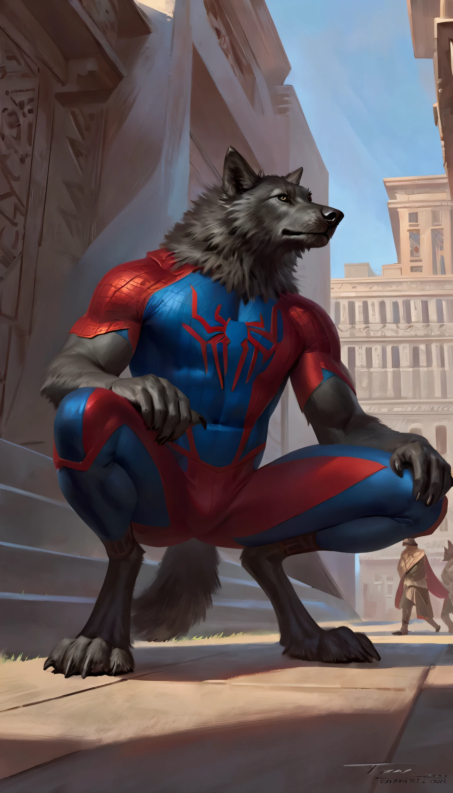 4k, ,8K, A high resolution, best quality, perfect colors, perfect shadows, perfect lighting, posted on e621, (by Chunie, by canyne khai, by t.y.starale), male, furry, Wolf anthro, solo, yellow eyes, (Realistic eye details 1.2), Wearing Spiderman Costume, Super Hero, Marvel, Full body like, Slim body, dramatic lighting, soft lighting, day, highly detail, Hair coiled, delight, Standing up position, cool pose charm, Abstract beauty, centre, Looking at the camera, Facing the camera, nearing perfection, Dynamic, highly detailed, illustration, (Realistic background), ((Bonifasko lighting)), (Detailed eyes), perfect pupils, detail eyes, detail fluffy fur, (seductive face:1.2), fit body, Looking at the camera,, fit body, perfect male figure, Detailed fur, Detailed face, Perfect face, Detailed background, (Complex), (Super Detail), (Ultra Clear), (Best Quality)