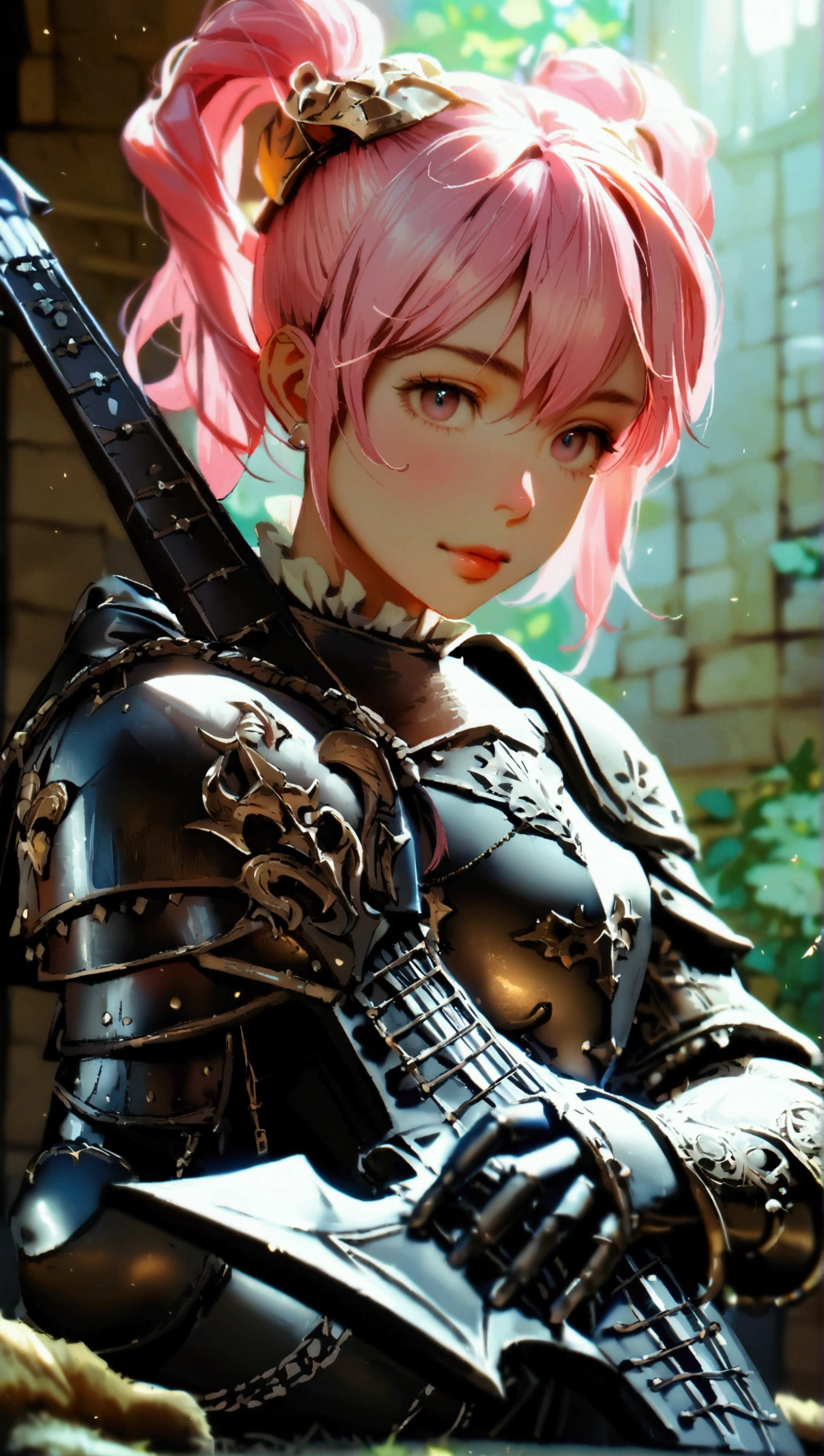 Beautiful woman with short pink hair wearing panzer armour, smoking cigarette.