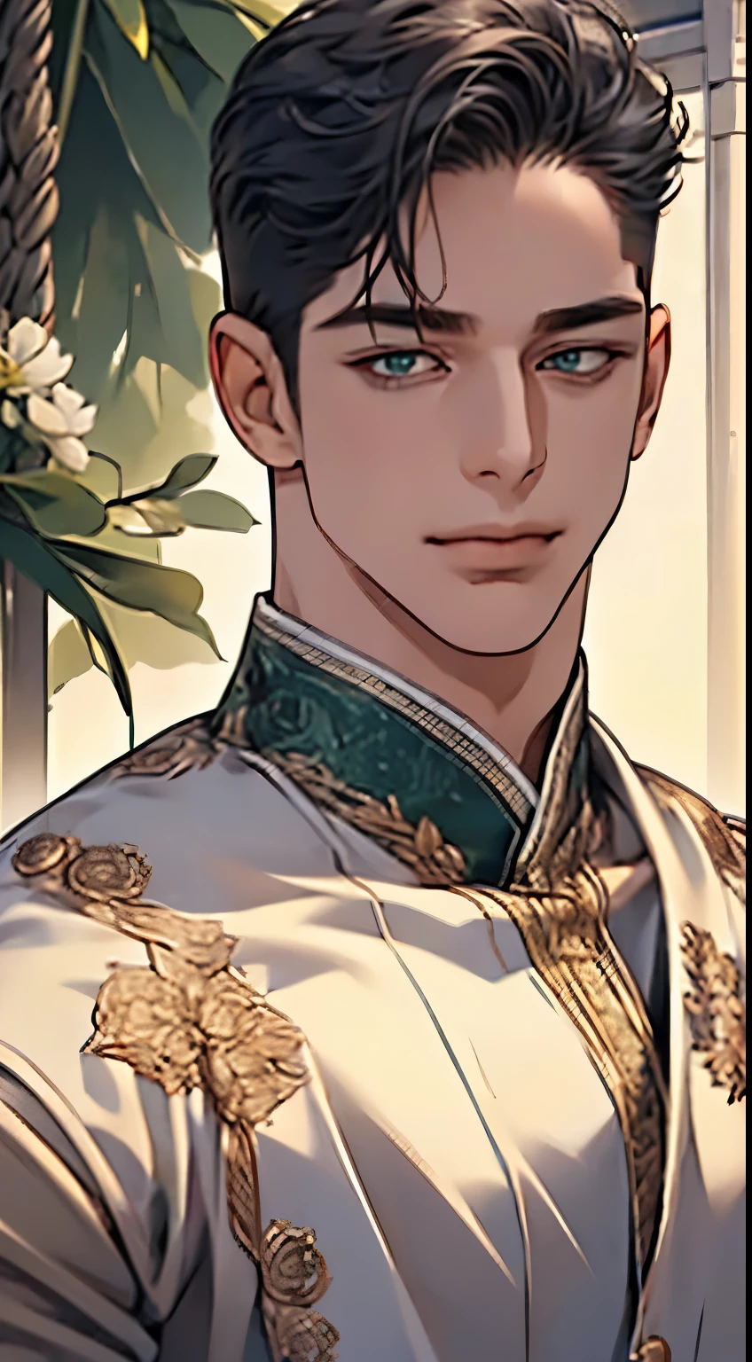 (Highest quality,4K,8K,High resolution,masterpiece:1.2),Super detailed,(Realistic,photoRealistic,photo-Realistic:1.37),1 person,34 years old,Mature Men,Beautiful skin、very handsome,Expressionless smile in love,Short white hair,green eyes,Sharp Eyes,A perfect face without a doubt,Businessman, CEO, Office Background,Cinema Lighting,HDR image,tie、
