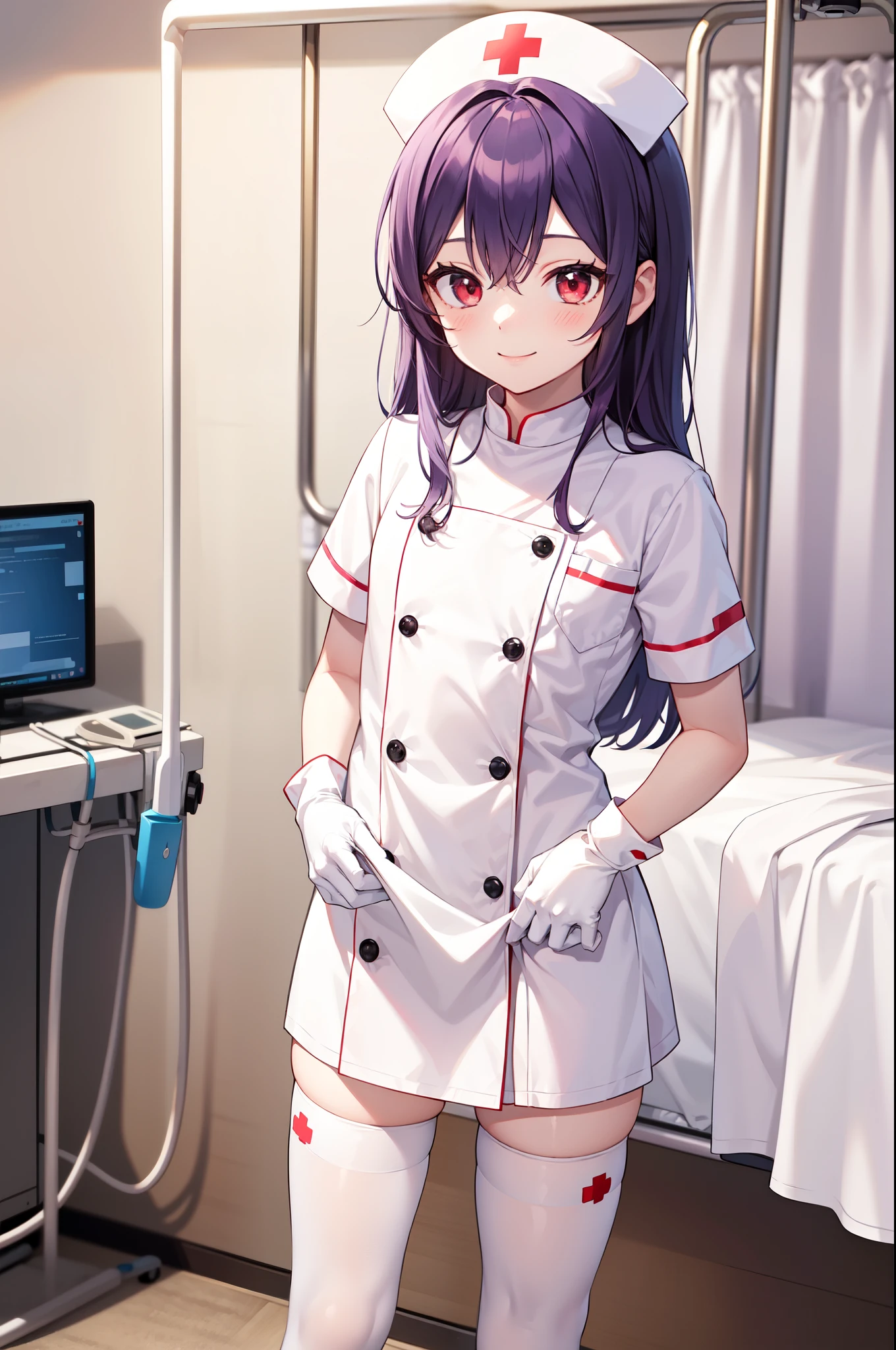 1woman, solo, nurse, white nurse cap, white nurse uniform, ((white legwear, zettai ryouiki)), white gloves, long hair, purple hair, red eyes, ((white surgical mask, covered nose)), standing, ((hospital room)), sharp outline, short sleeves, mature female, 35 years old, best quality, masterpiece