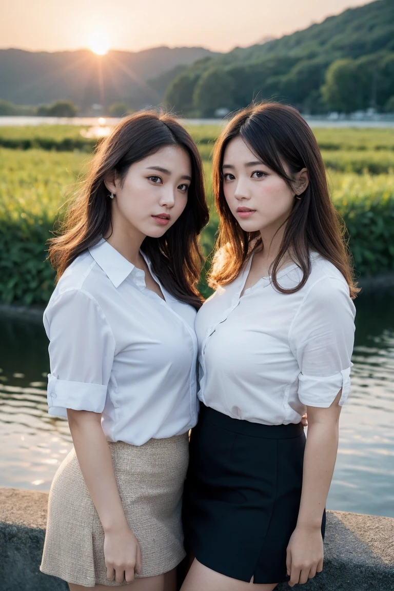 Two ladies from Tokyo、Organic Photography、Highest quality、masterpiece、Ultra-high resolution、Two beautiful ladies、35 years old、Elegant face，Wear a business shirt，Short skirt，Large, saggy breast contour，Wavy Hair、Realistic skin texture，Landscape，Show off your smooth and plump thighs，River in the scene, Mountain, reality, sunset, masterpiece, Bokeh, Volumetric lighting, Breath of Summer, High angle shot