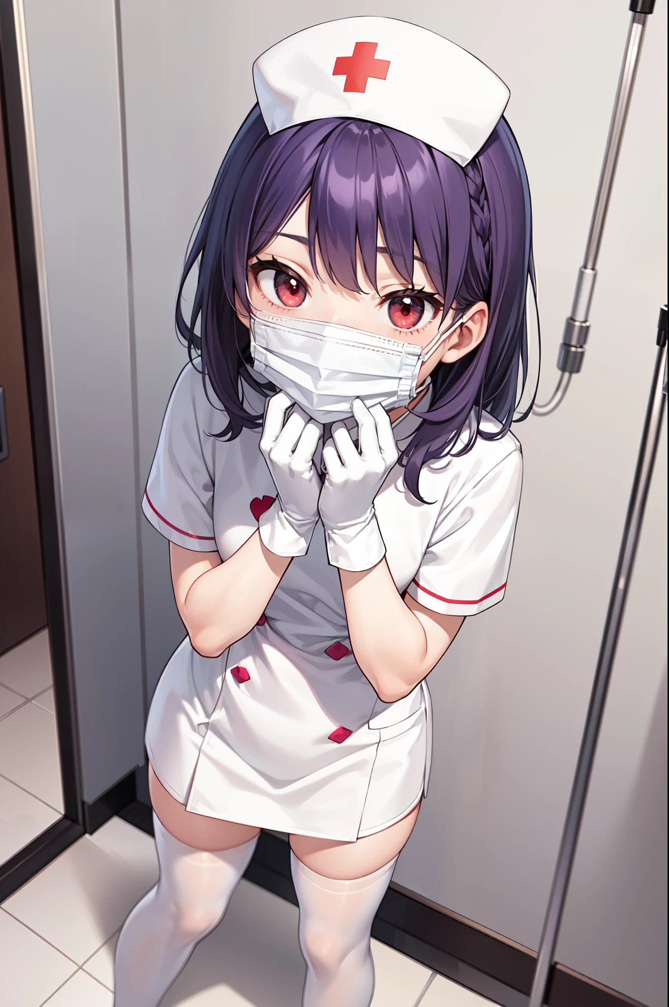 1boy, solo, male focus, nurse, white nurse cap, white nurse uniform, ((white legwear, zettai ryouiki)), white gloves, long hair, purple hair, red eyes, ((white surgical mask, covered nose)), standing, ((hospital room)), sharp outline, short sleeves, shota, ************, best quality, masterpiece