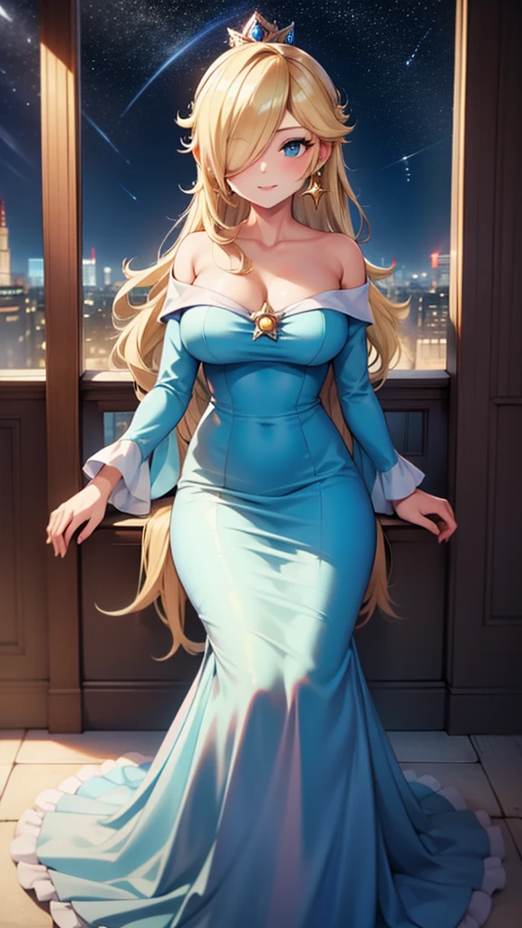 (masterpiece,best quality,ultra-delicate,Perfect Face,16k,very detailed eyes,high resolution,very beautiful girl)),princesa rosalina, blue dress, big breasts, adult body, starry sky, semblante angelical
