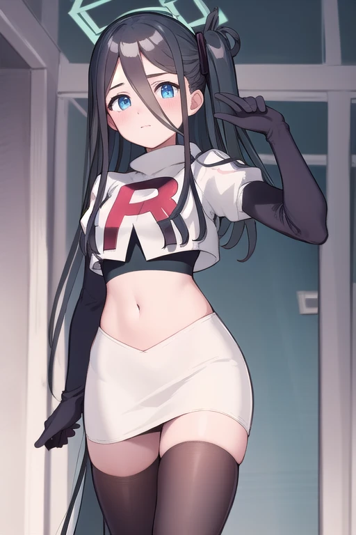 arisdef, (very long hair:1.1), team rocket,team rocket uniform,white skirt,red letter R,crop top,black thigh-highs,black elbow gloves, masterpiece, best quality, highres, 