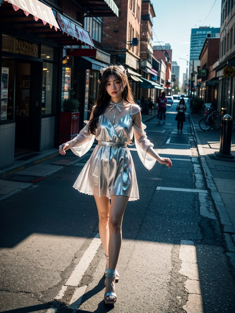 Create a hyper-realistic image of a beautiful woman cosplaying [Furude Rika], with crisp details in her costume and a well-defined urban environment. The woman is wearing a detailed costume, with clear textures in the fabric and metallic accessories reflecting the light. The scene is set in a modern city with illuminated buildings, cars and pedestrians in motion, showing realistic textures and elements. Generate the image in ultra high definition, focusing on edge sharpness and colour accuracy, applying realistic lighting and detailed shadows to increase depth. Use HDR filters to enhance detail and clarity.