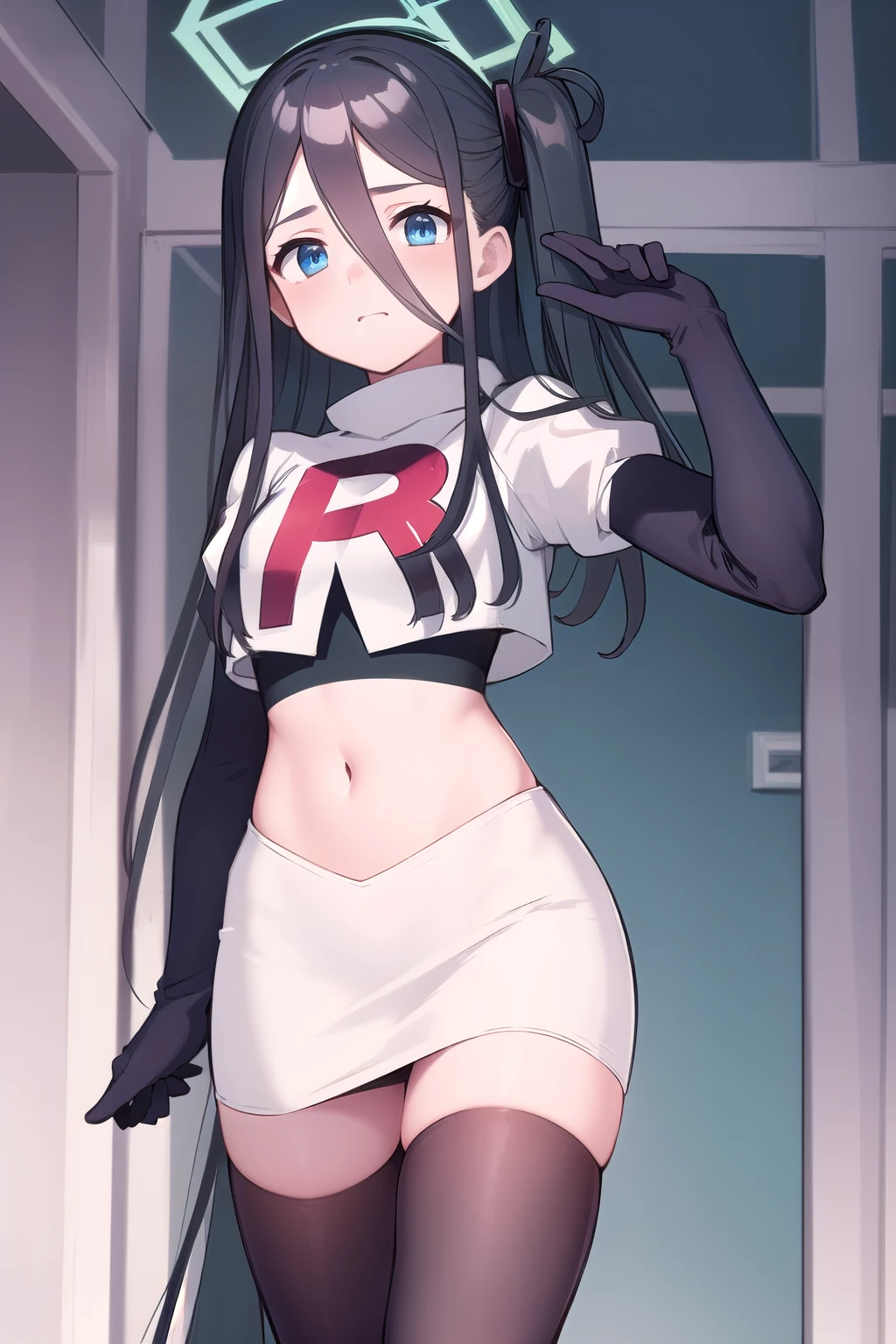 arisdef, (very long hair:1.1), team rocket,team rocket uniform,white skirt,red letter R,crop top,black thigh-highs,black elbow gloves, masterpiece, best quality, highres, 