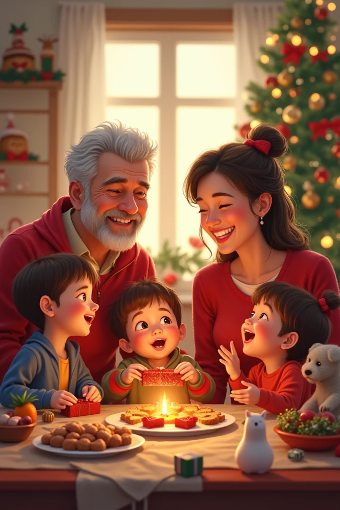 Image of a child lying down and his family around him hugging him happily. A mom, a dad, the grandfather and the boy's sister.