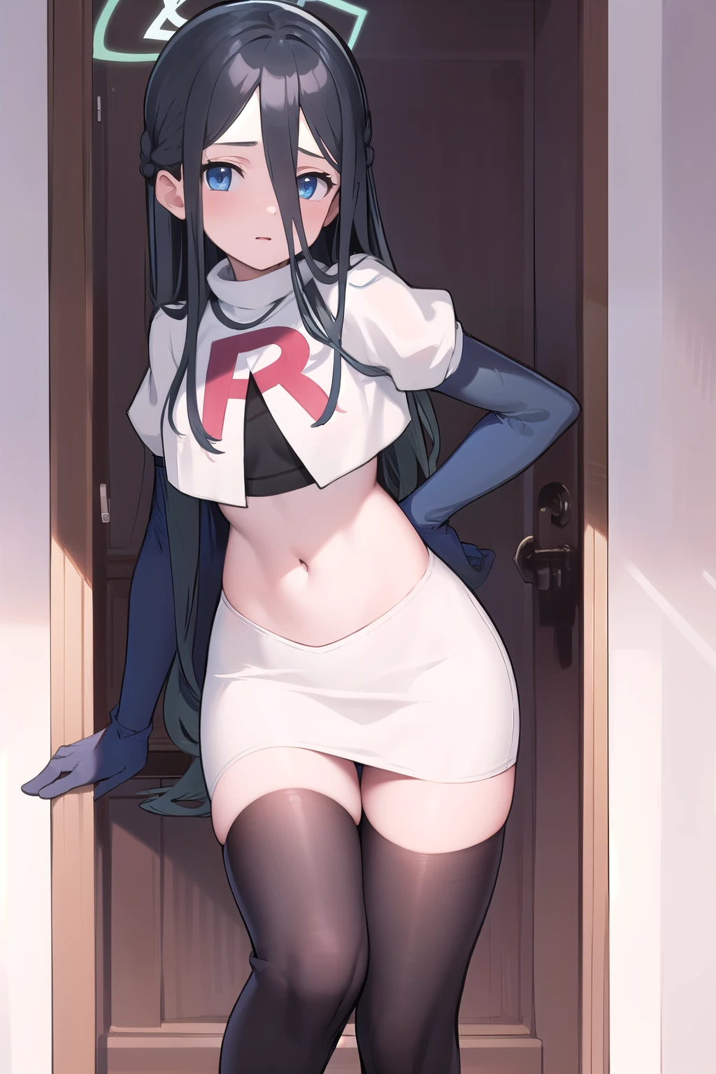 arisdef, (very long hair:1.1), team rocket,team rocket uniform,white skirt,red letter R,crop top,black thigh-highs,black elbow gloves, masterpiece, best quality, highres,