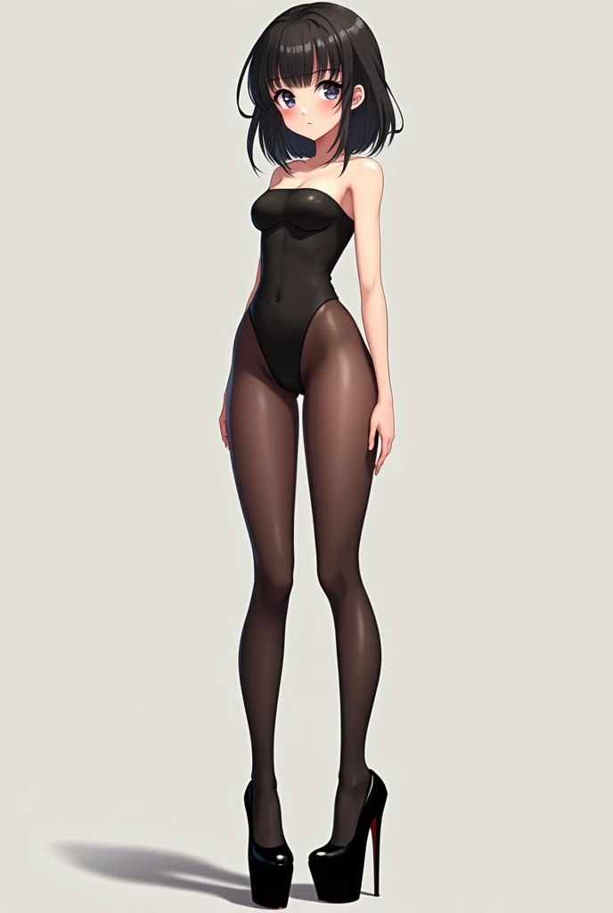 pink hair, (short bangs hair:1.36), detailed brown eyes, narrow waist, depth of field, 1girl, (on a background:1.3), (full body:1.4), pose, big breasts, wide hips, athletic figure, ((thigh cutout:1.3):1.2), (((dark skin))), sedused pose,