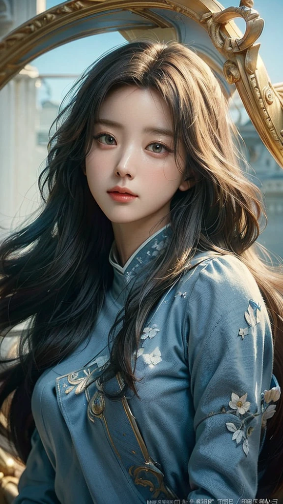 (masterpiece), ( top notch ), ( High Quality Details), (illustration), (1 woman),  look at the viewer and focus on the , (Interview),  beautiful and detailed eyes ,  delicate and beautiful face , Floating , (High saturation), (shining),  blue sky, Bright and beautiful face,  skin is young and radiant , 공정하고 shining, Best appearance , Very beautiful,  big eyes shine with clear sky blue light,  beautiful and amazing beautiful girl ,