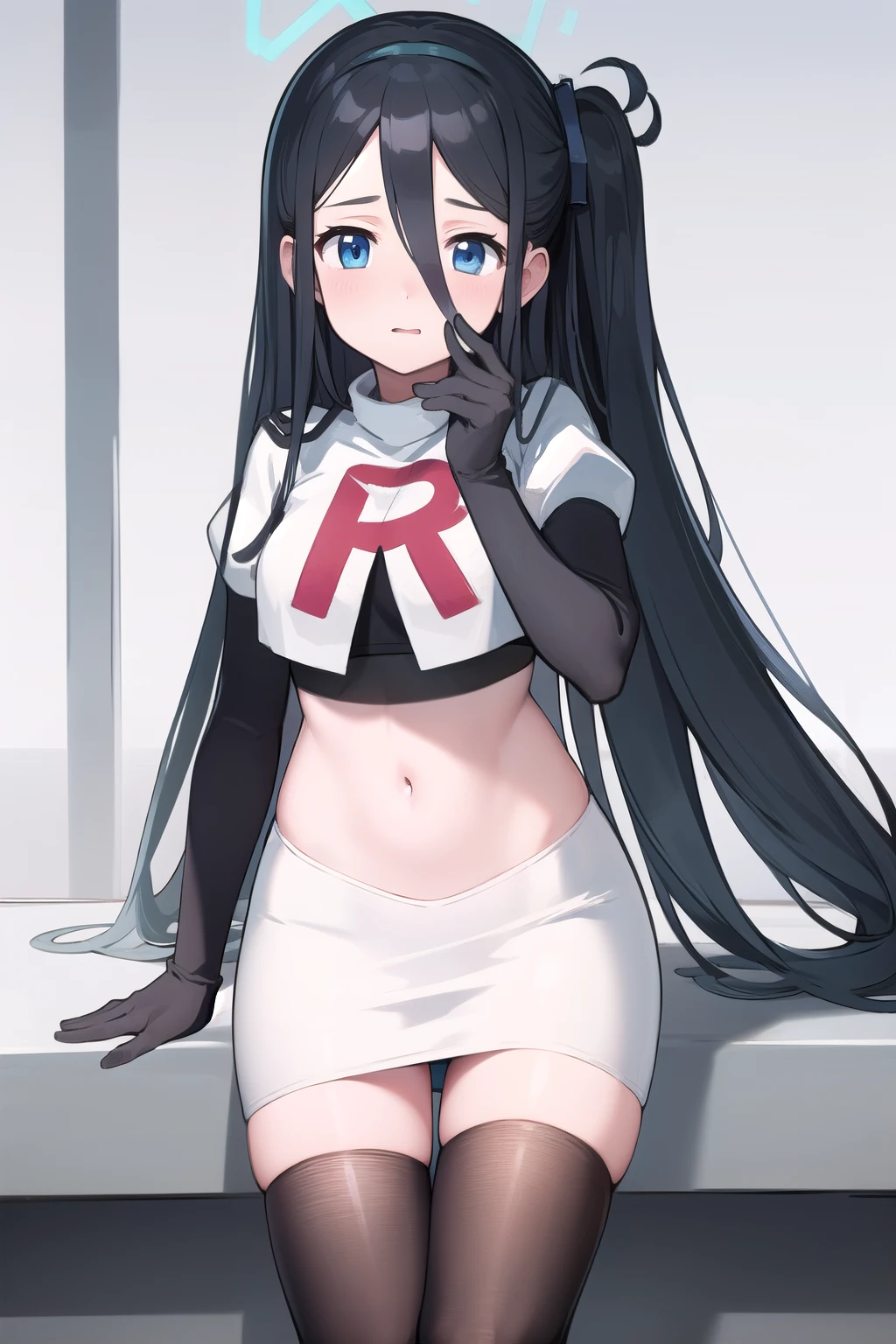 arisdef, (very long hair:1.1), team rocket,team rocket uniform,white skirt,red letter R,crop top,black thigh-highs,black elbow gloves, masterpiece, best quality, highres, 