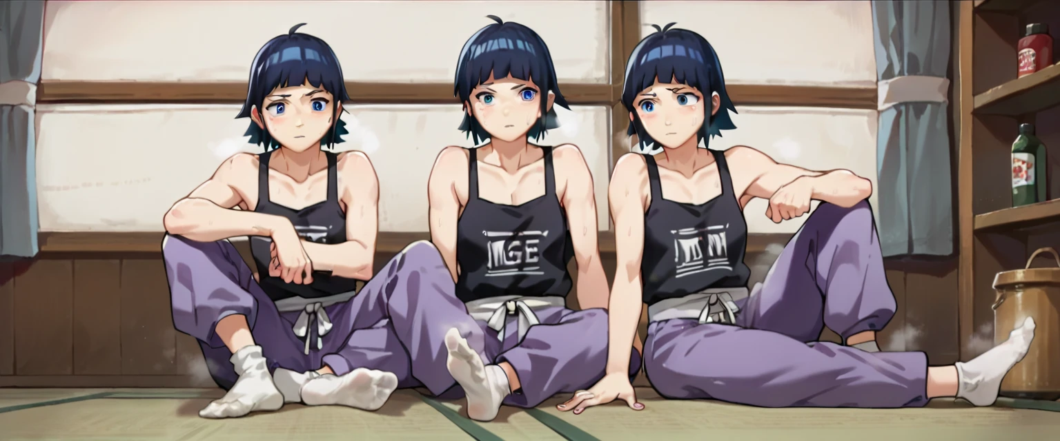 (Caucasian ethnicity) masterpiece, 4k,  lyrics, hinata,  white socks , Purple Pants,  loose pants , plain pants,  martial arts pants,  big pants and black blouse,  bare shoulders , friends, Two lesbians with a foot fetish, smell of feet