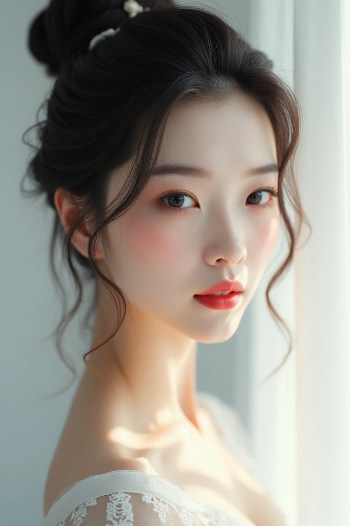(Highest quality,8k,High resolution,masterpiece:1.2),Digital Art, girl，Delicate face，Delicate eyes，Dark brown hair，Straight hair，Low Ponytail、Sparkling amber eyes，Red lips，particle，Dust，A little blush，shy，in love，Gaze lovingly at，(HD Skins)，Cleavage，Shallow depth of field，Warm colors，2-color light