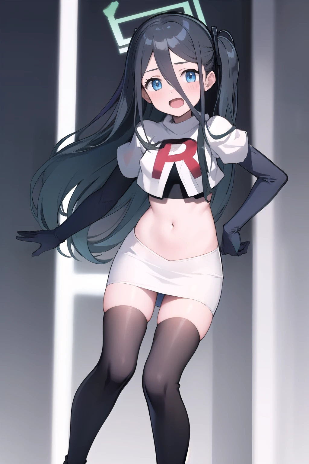 arisdef, (very long hair:1.1), team rocket,team rocket uniform,white skirt,red letter R,crop top,black thigh-highs,black elbow gloves, masterpiece, best quality, highres, 