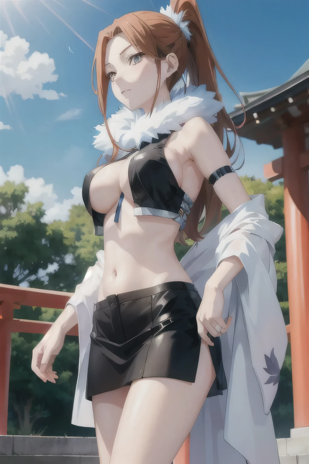 hinako kujou, anime cels style, cleavage, large breasts:, beautiful face, black hair, long hair, ((hair over one eye)), blue eye, masterpiece, best quality, highly detailed, bare shoulder, dancer, micro skirt, crop top , (nsfw) not safe for work, 
ecchi anime style, anime girls, ecchi style, ecchi, digital anime art!!, in anime style, official artwork, visual
novel cg, beautiful anime girl, anime style 4 k, exposed belly, exposed navel, exposed midriff, exposed lower belly, outdoor, japanese architecture, temple