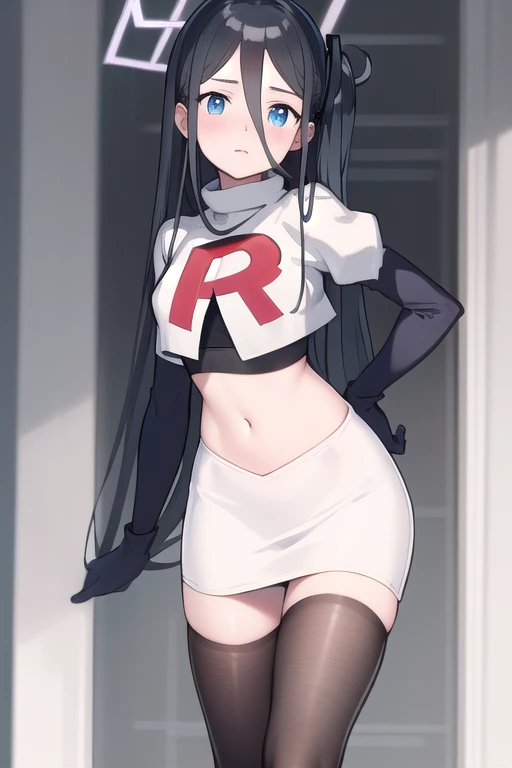 arisdef, (very long hair:1.1), team rocket,team rocket uniform,white skirt,red letter R,crop top,black thigh-highs,black elbow gloves, masterpiece, best quality, highres, 