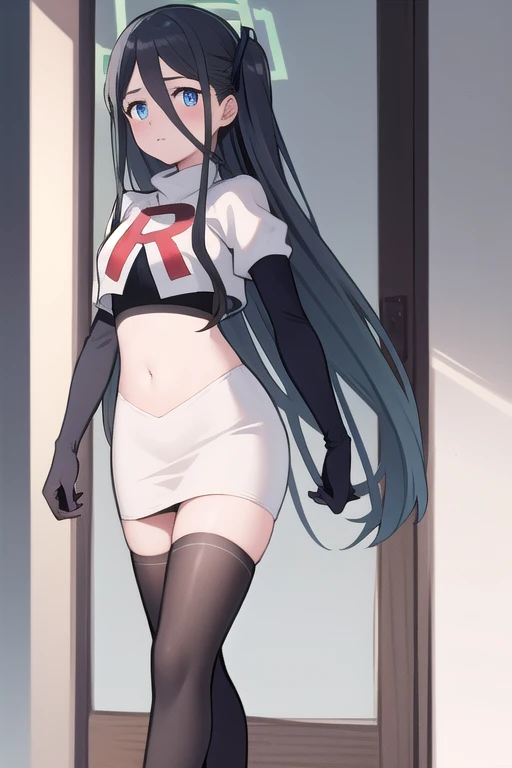 arisdef, (very long hair:1.1), team rocket,team rocket uniform,white skirt,red letter R,crop top,black thigh-highs,black elbow gloves, masterpiece, best quality, highres, 