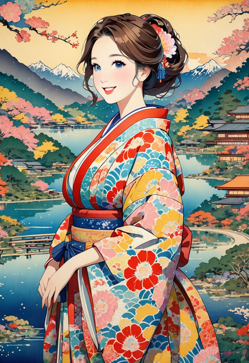 ( best quality, masterpiece,  high definition , 8k),  Young and Beautiful Women ,  colorful kimono with bright patterns that reveal the chest,  Big Breasts , Sexy ,  beautiful smiling woman , Long brown hair, Mountain, Hotel, lake, Colorful Ukiyo-e style illustrations,  Detailed Illustration Art , 