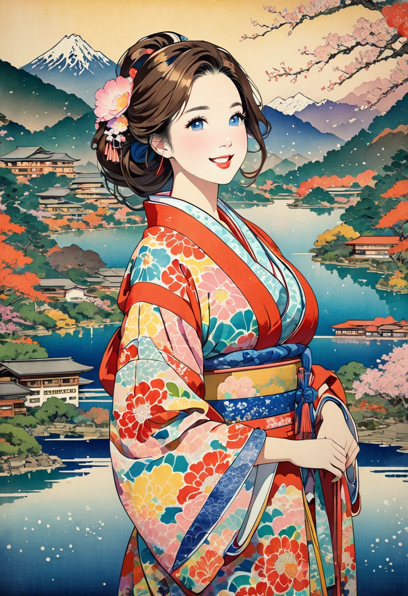 ( best quality, masterpiece,  high definition , 8k),  Young and Beautiful Women ,  colorful kimono with bright patterns that reveal the chest,  Big Breasts , Sexy ,  beautiful smiling woman , Long brown hair, Mountain, Hotel, lake, Colorful Ukiyo-e style illustrations,  Detailed Illustration Art , 