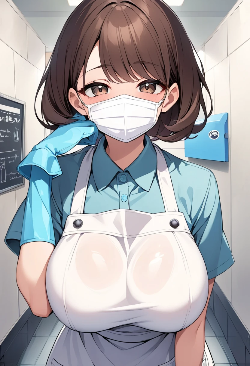  with a bright expression ,  big boobs,  short dark brown hair, Dark brown eyes ,  wear a white cotton apron, Wear rubber gloves ,  wear a white mask ,  school boy bathroom background .

