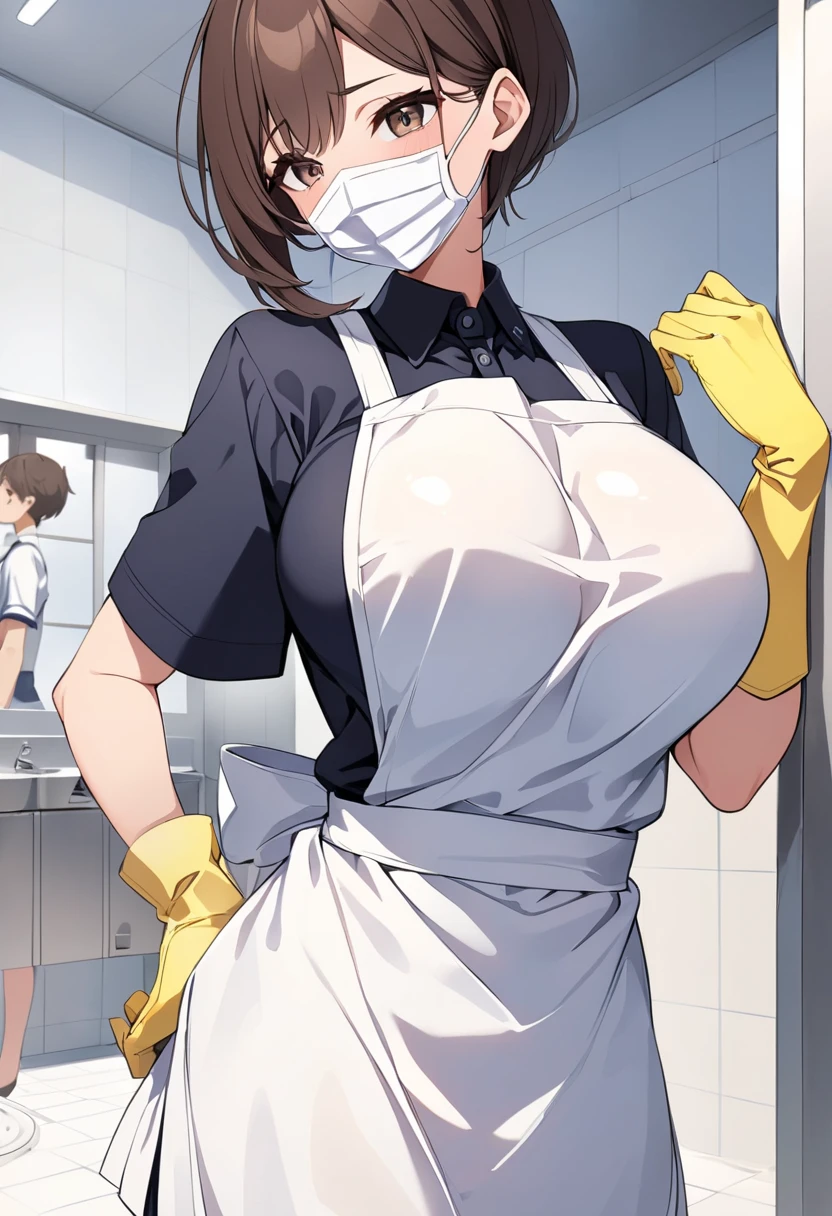  with a bright expression ,  big boobs,  short dark brown hair, Dark brown eyes ,  wear a white cotton apron, Wear rubber gloves ,  wear a white mask ,  school boy bathroom background .

