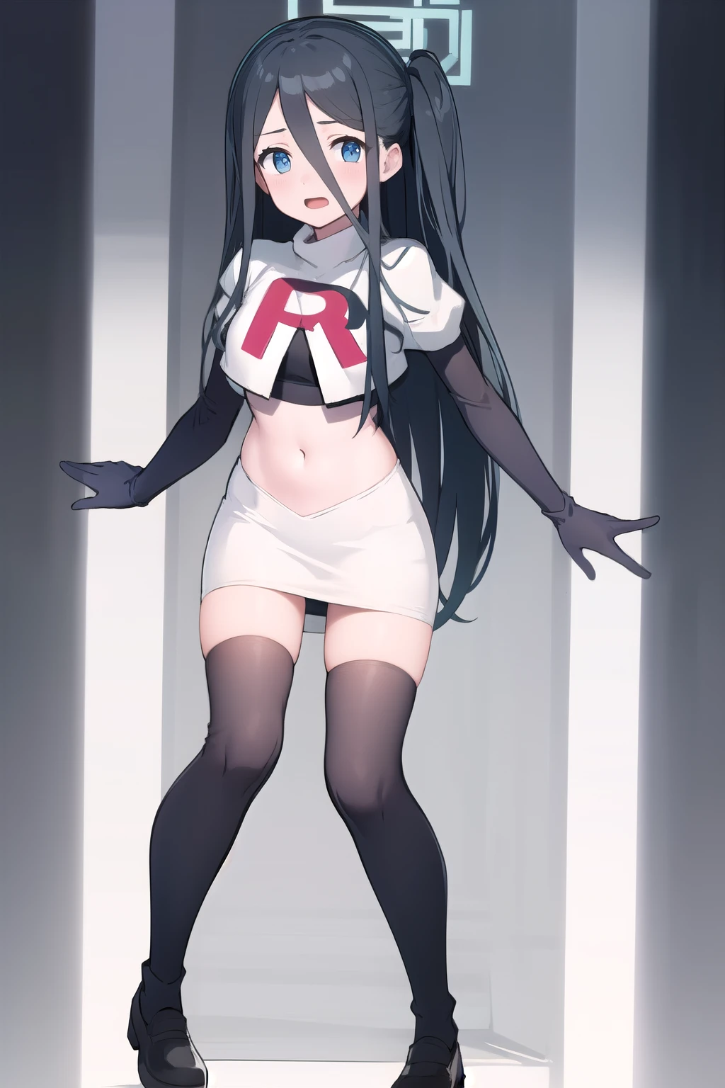 arisdef, (very long hair:1.1), team rocket,team rocket uniform,white skirt,red letter R,crop top,black thigh-highs,black elbow gloves, masterpiece, best quality, highres, 