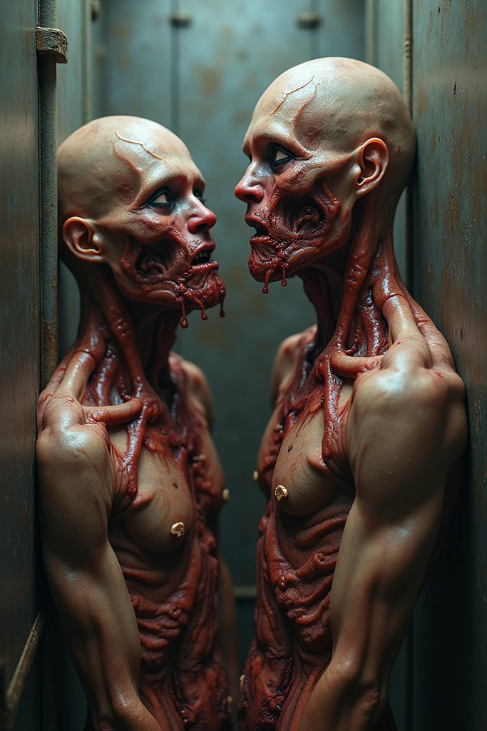a nude female with a head splitting in two running in an abandoned scientific lab, wide angle, dof, high definition, detailed, intricate, (moion blur)), film grain, anatomically correct