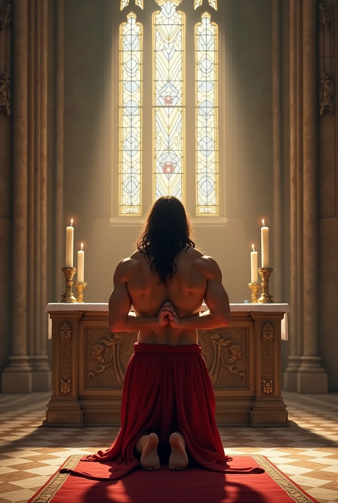A cross standing in the middle of a church and an Ethiopian muscular man kneeling infront of the cross and he is praying 