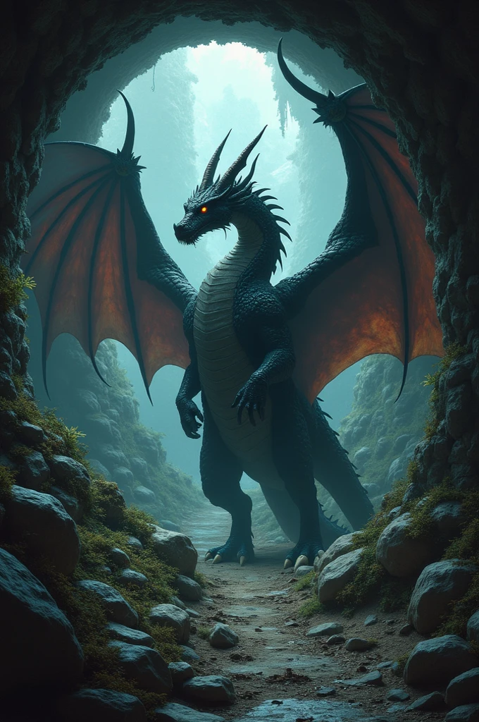 Draw a black dragon with ruby eyes perched in a black rock cave that has magma around it, chain the dragon with chains that reflect the elements of water, wind, fire, life and electricity, Make the dragon that has a European structure can use its wings as legs and with spikes from which it can shoot said elements, Don&#39;t forget to give the impression that the dragon is full of energy and shines between its scales.