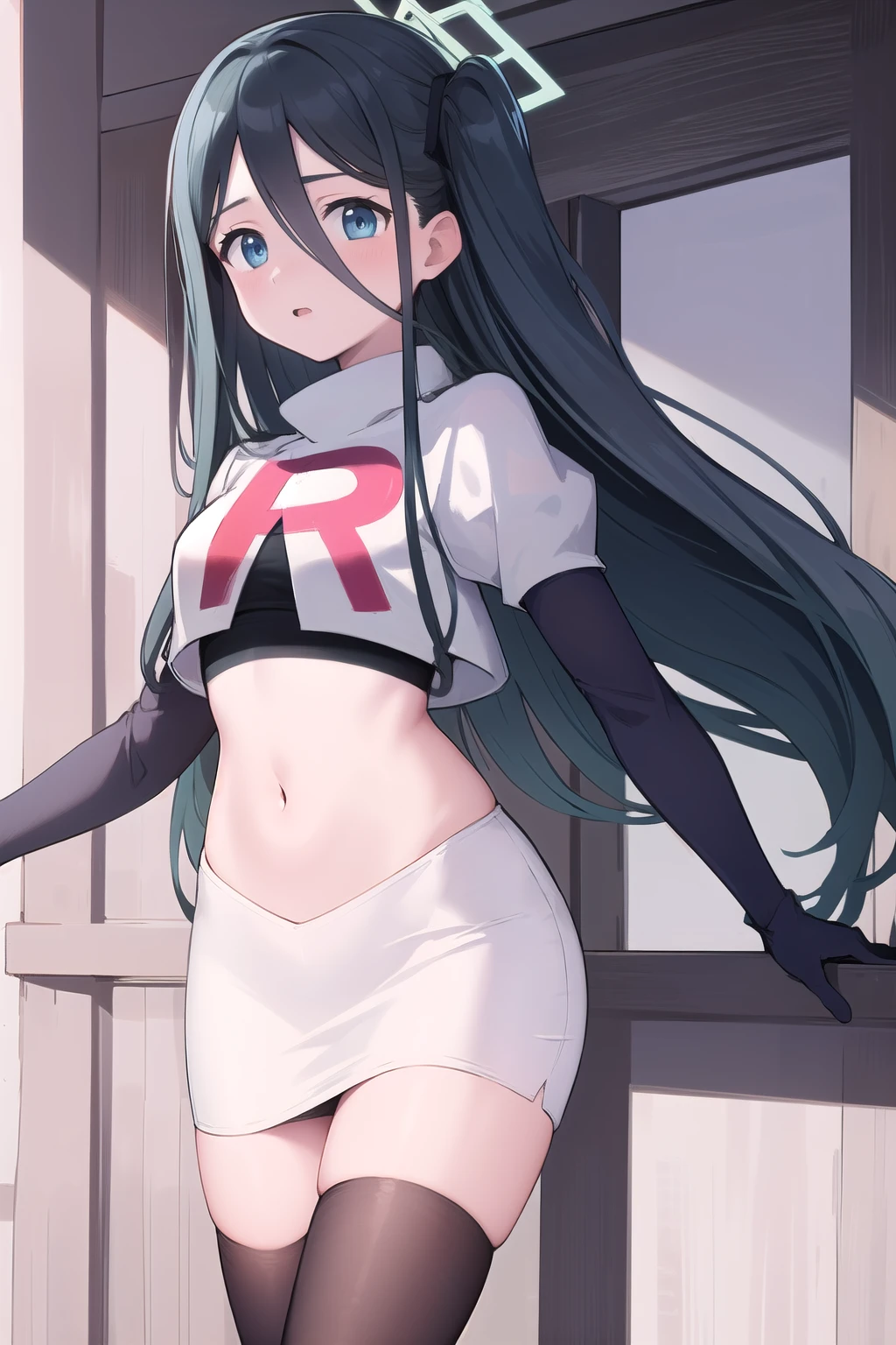 arisdef, (very long hair:1.1), team rocket,team rocket uniform,white skirt,red letter R,crop top,black thigh-highs,black elbow gloves, masterpiece, best quality, highres, 